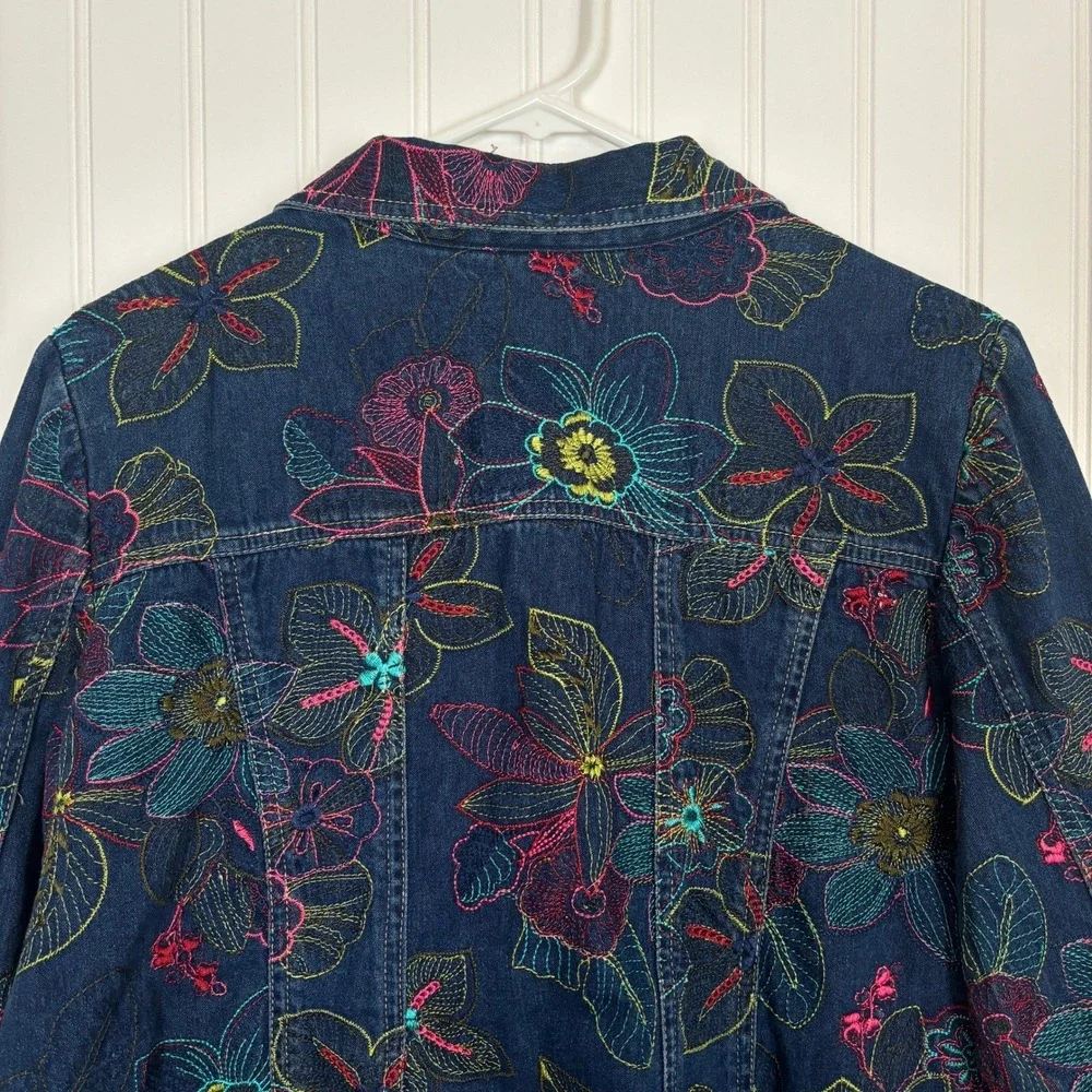 Boho Floral Embroidered Denim Jacket M Hippie Festival Maximalist Artsy Colorful